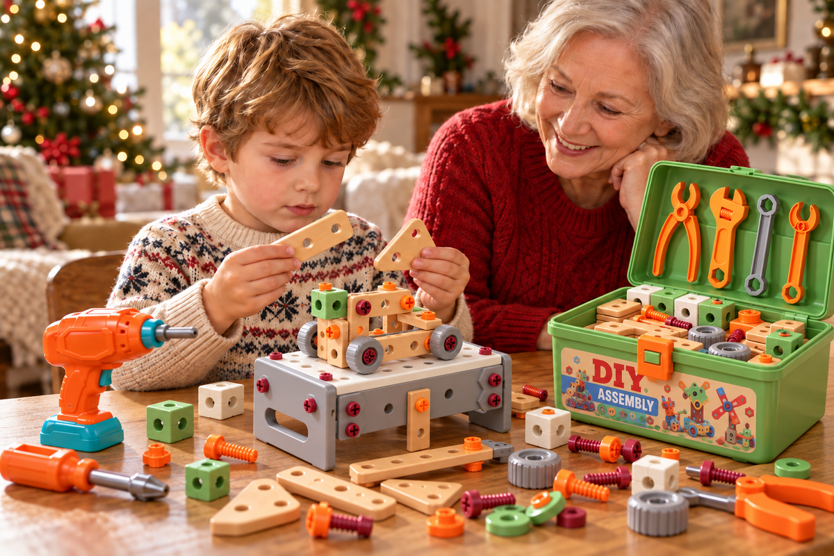 Child exploring building pieces with Grandma beside the toolbox and workbench