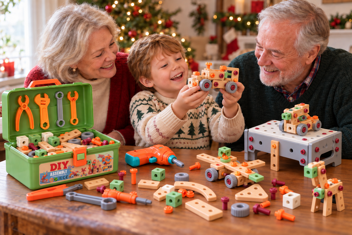 Illustrative Christmas family scene with labeled green STEM toolbox and gray-and-white workbench