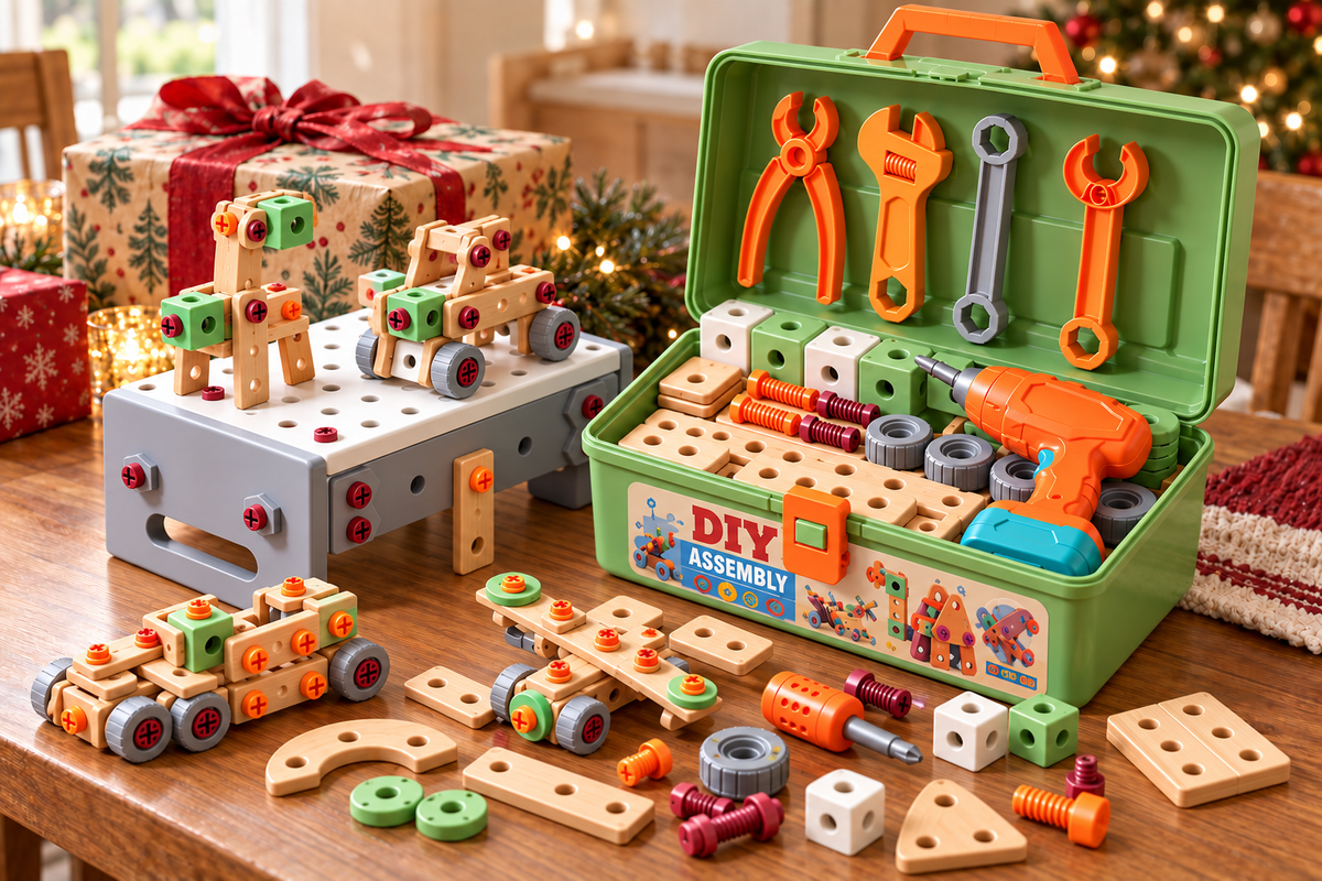 Christmas still life of toolbox, toy drill, mini tools and workbench