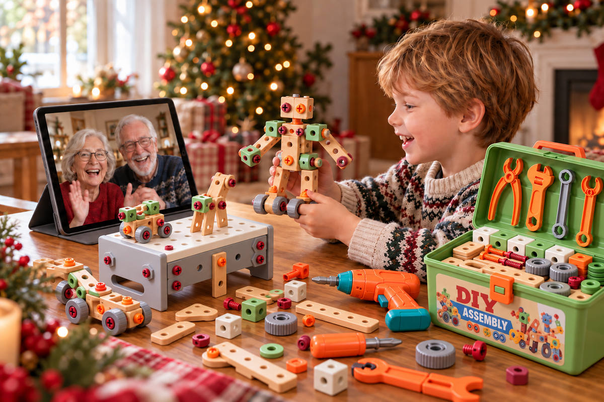 Child sharing a creation with grandparents on a video call beside the toolbox and workbench