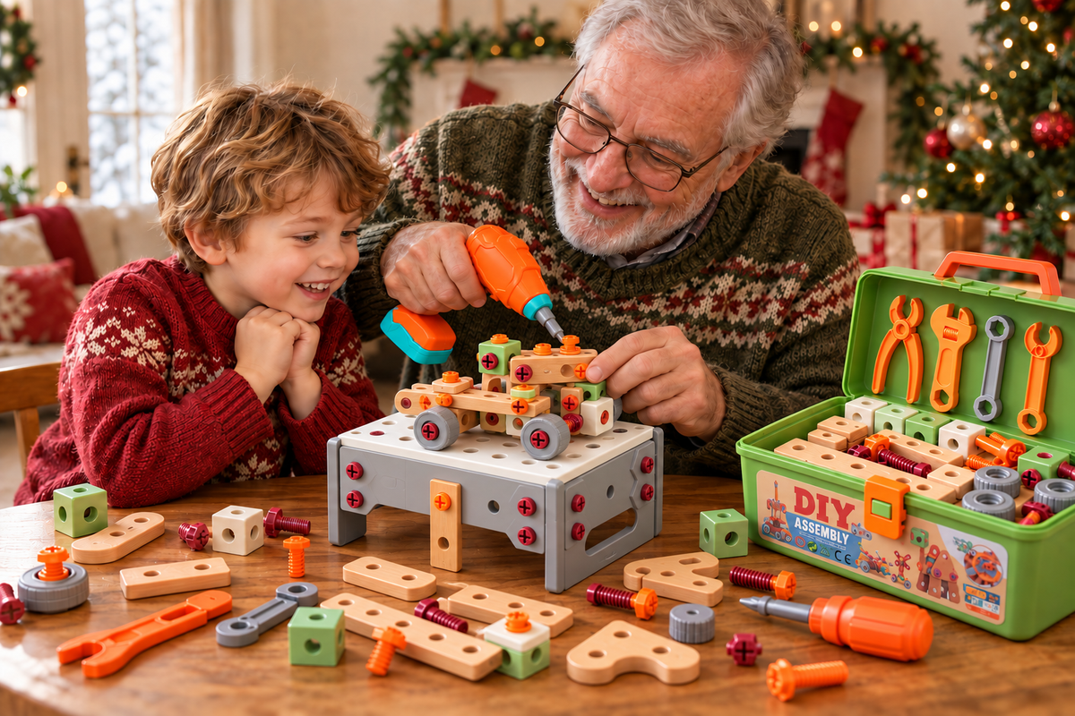 Grandpa demonstrating the toy drill with a model on the workbench
